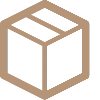 Minimalistic 3D geometric cube icon in brown and black tones, depicting a box-like structure with clean lines.