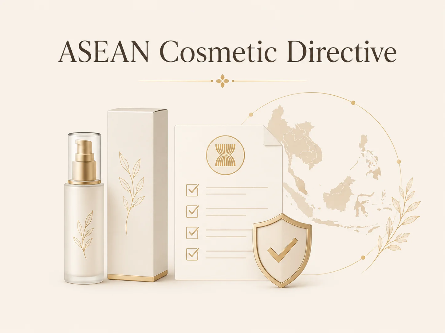 Illustration of ASEAN Cosmetic Directive with cosmetic bottle, packaging, compliance checklist, map of Southeast Asia, and a shield icon.