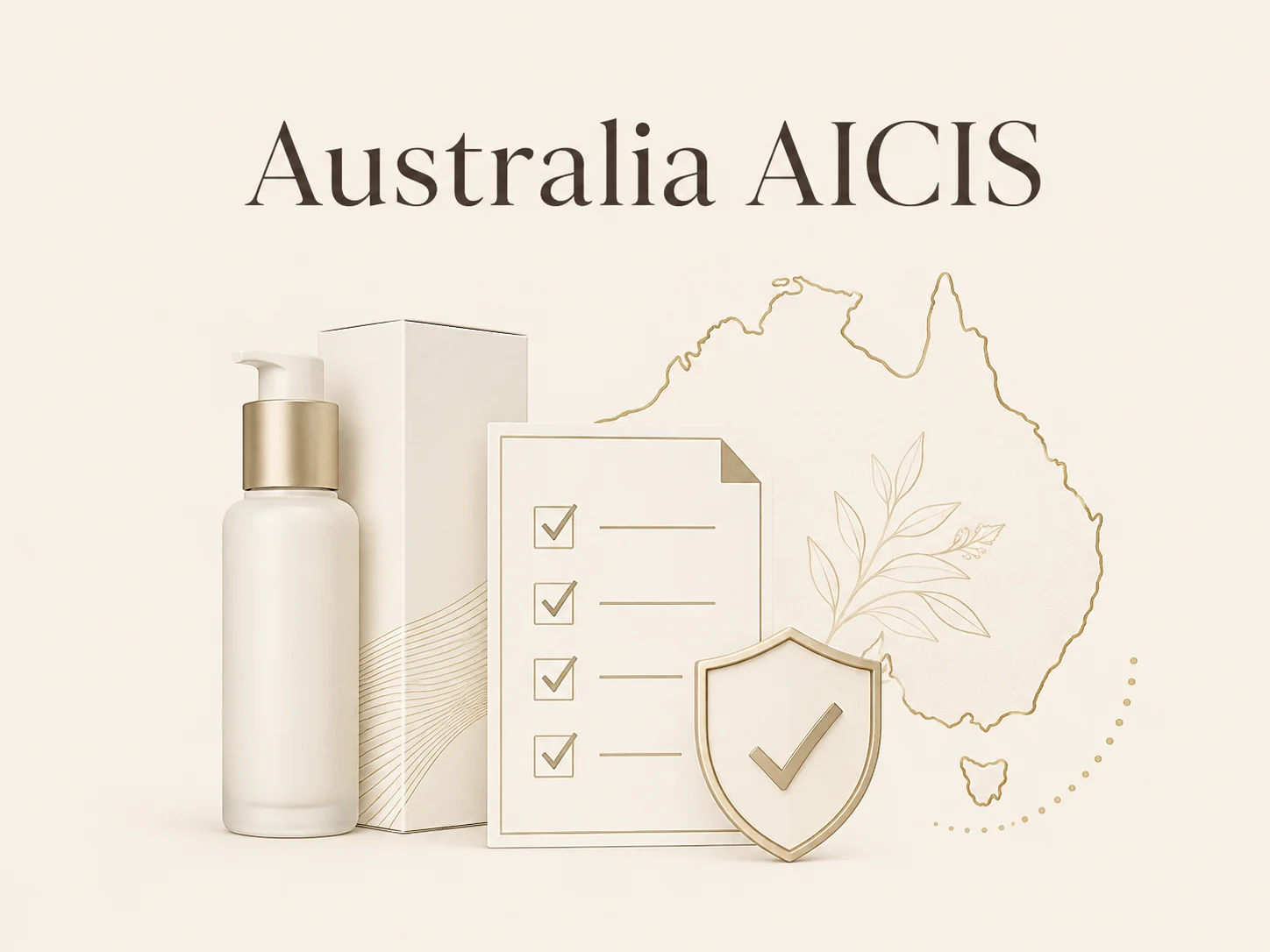 Illustration of Australia AICIS compliance featuring cosmetic bottle, checklist, shield with checkmark, and map outline.