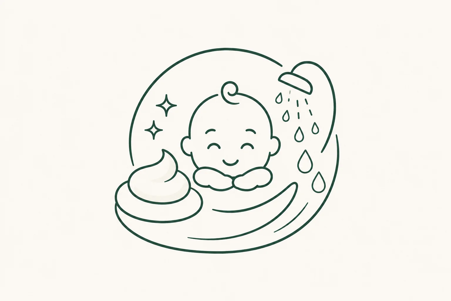 Minimalist line art illustration of a smiling baby during bath time, surrounded by soap suds, water droplets, and sparkles.