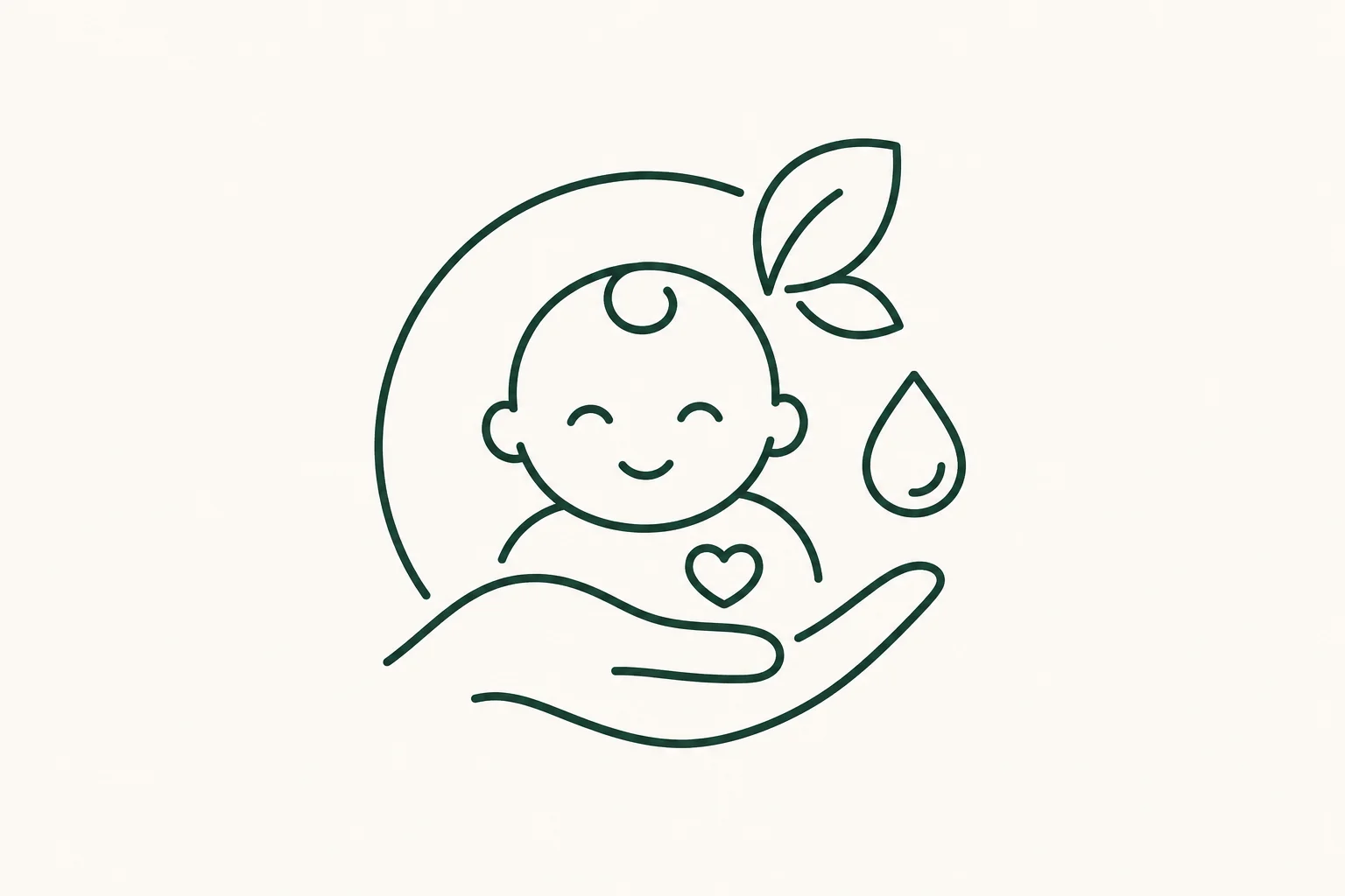 Minimalist line drawing icon featuring a smiling baby cradled in a hand, with a heart on the chest, a water droplet, and leaves symbolizing eco-friendliness.