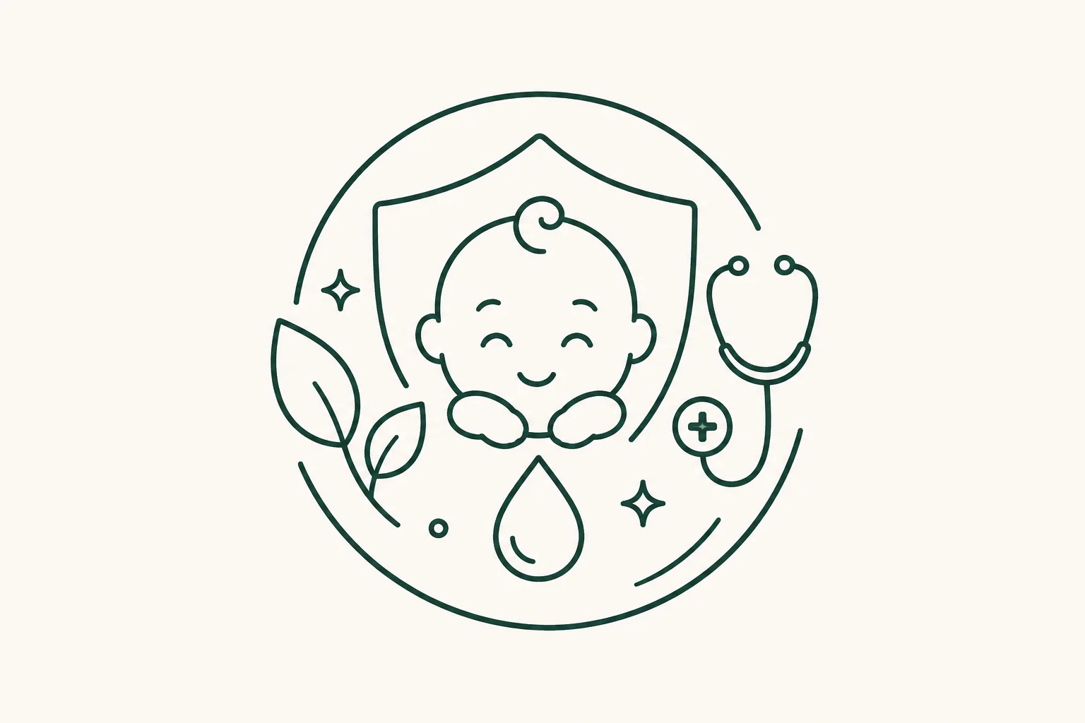 Minimalist line art icon of a happy baby surrounded by a shield, leaves, a stethoscope, and health symbols on a neutral background.
