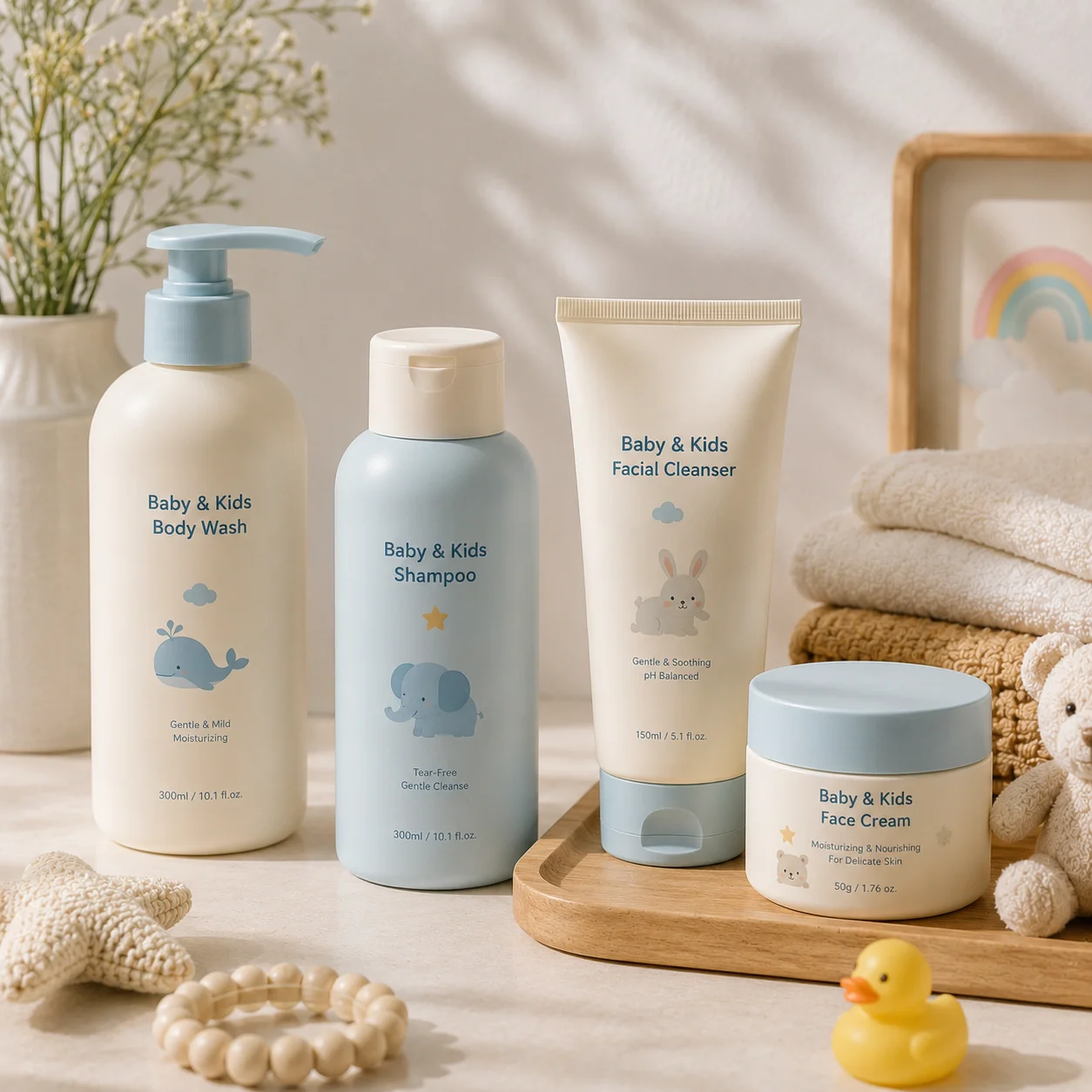 A collection of baby and kids skincare products, including body wash, shampoo, facial cleanser, and face cream, arranged with soft toys and towels on a wooden tray.