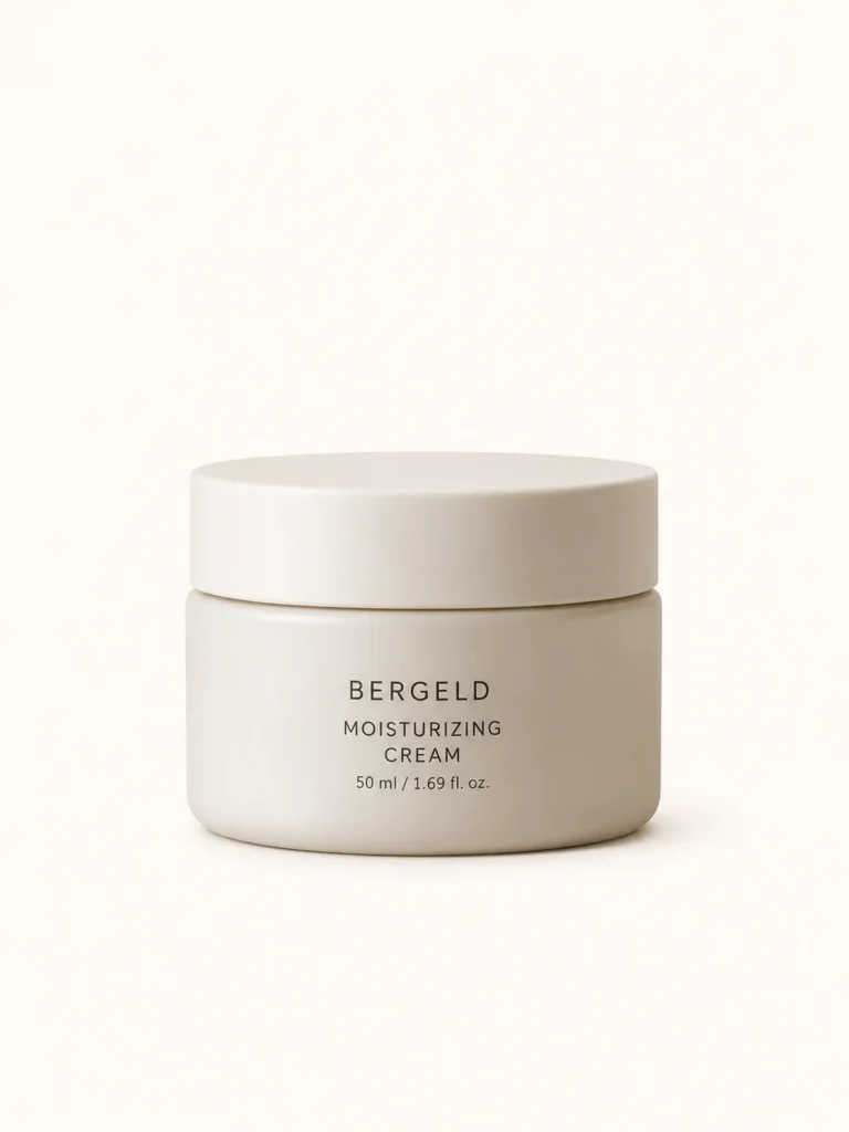 A minimalist beige jar of Bergeld moisturizing cream with 50 ml (1.69 fl. oz.) capacity, on a light background.