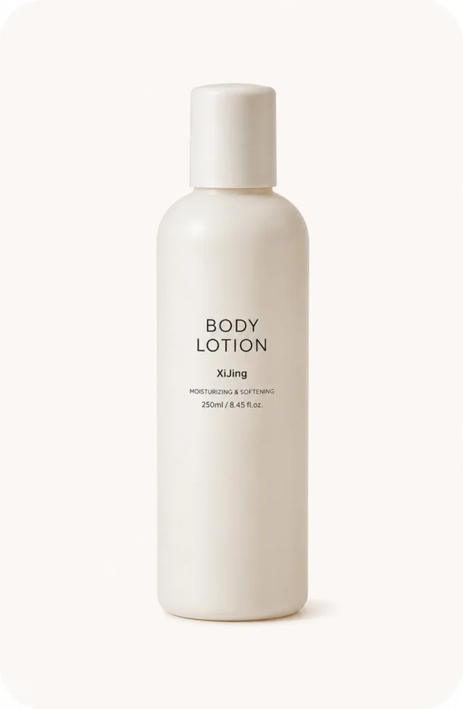 A beige body lotion bottle labeled 'XiJing' for moisturizing and softening, standing upright against a light background.
