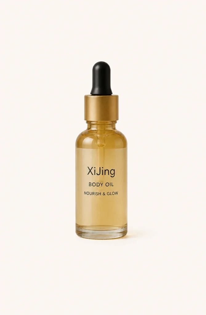 Transparent bottle of XiJing body oil with a gold cap and black dropper on a light background.