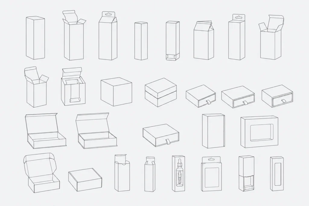 Line drawings of different box packaging types, including folding cartons, sliding boxes, and die-cut designs.