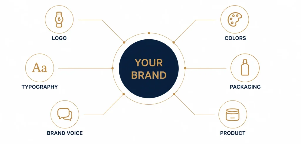 A diagram illustrating key elements of brand identity, including logo, colors, typography, packaging, product, and brand voice.