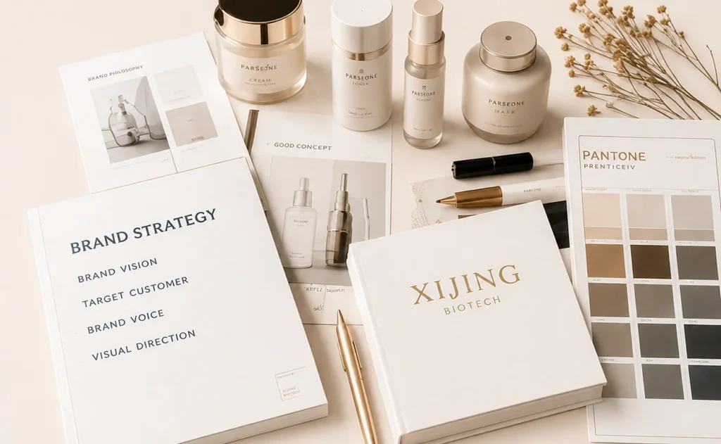Flat lay of brand strategy books, skincare products, Pantone color chart, and gold pens arranged neatly on a beige background.