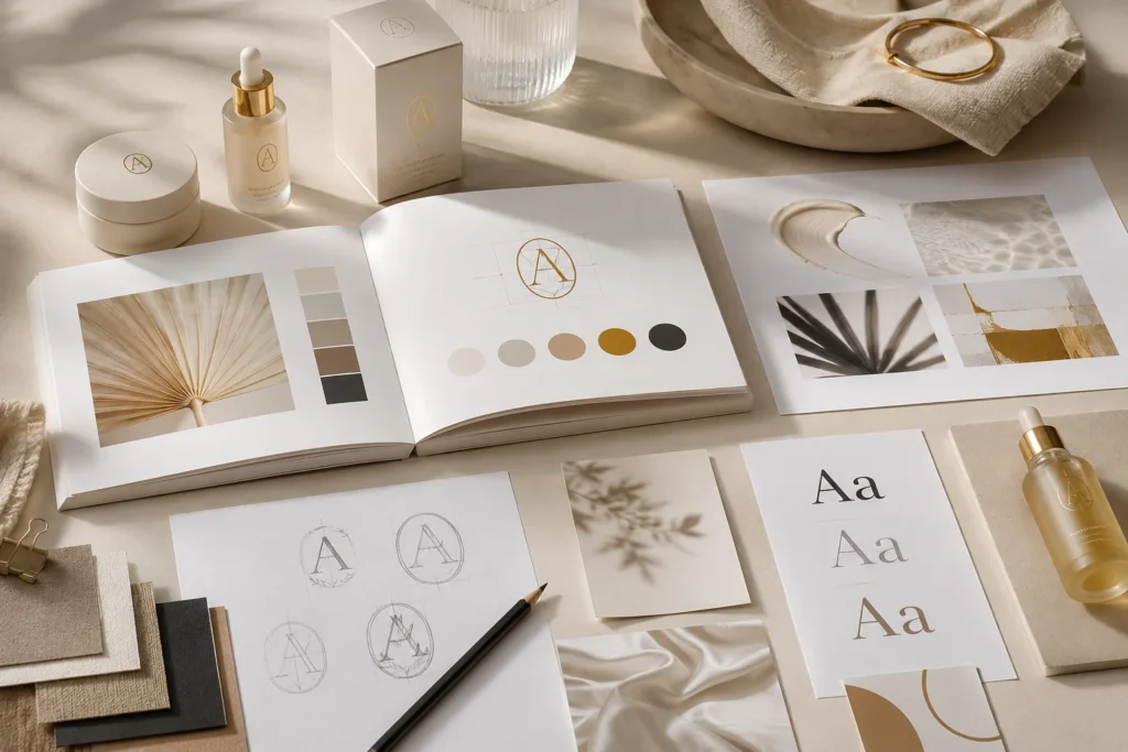 Flat lay of a branding and design moodboard with sketches, neutral color palette, product packaging, and textures on a table.