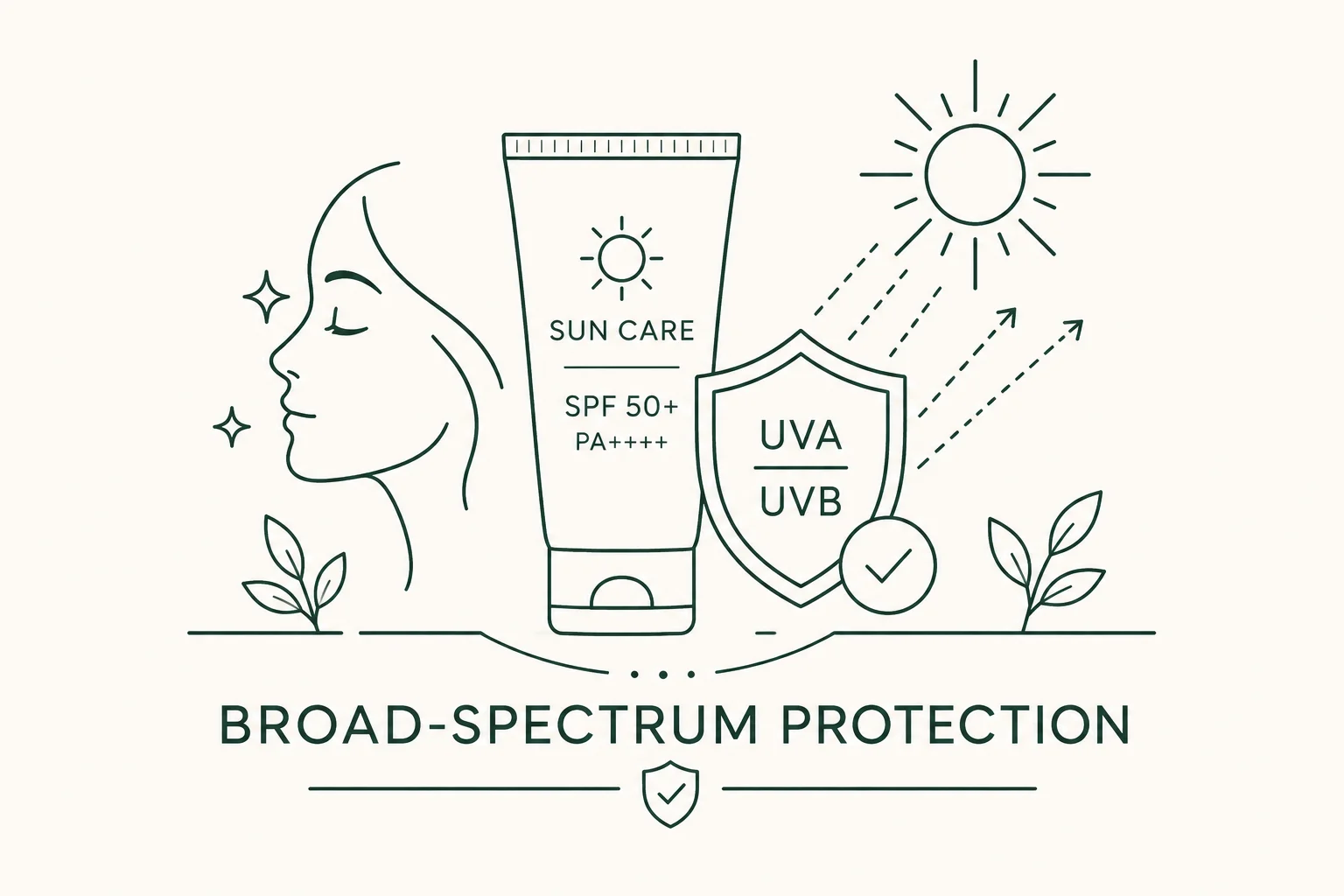 Illustration of broad-spectrum sunscreen protection featuring SPF 50+ sun care tube, UVA/UVB shield, sun rays, and a woman's profile.
