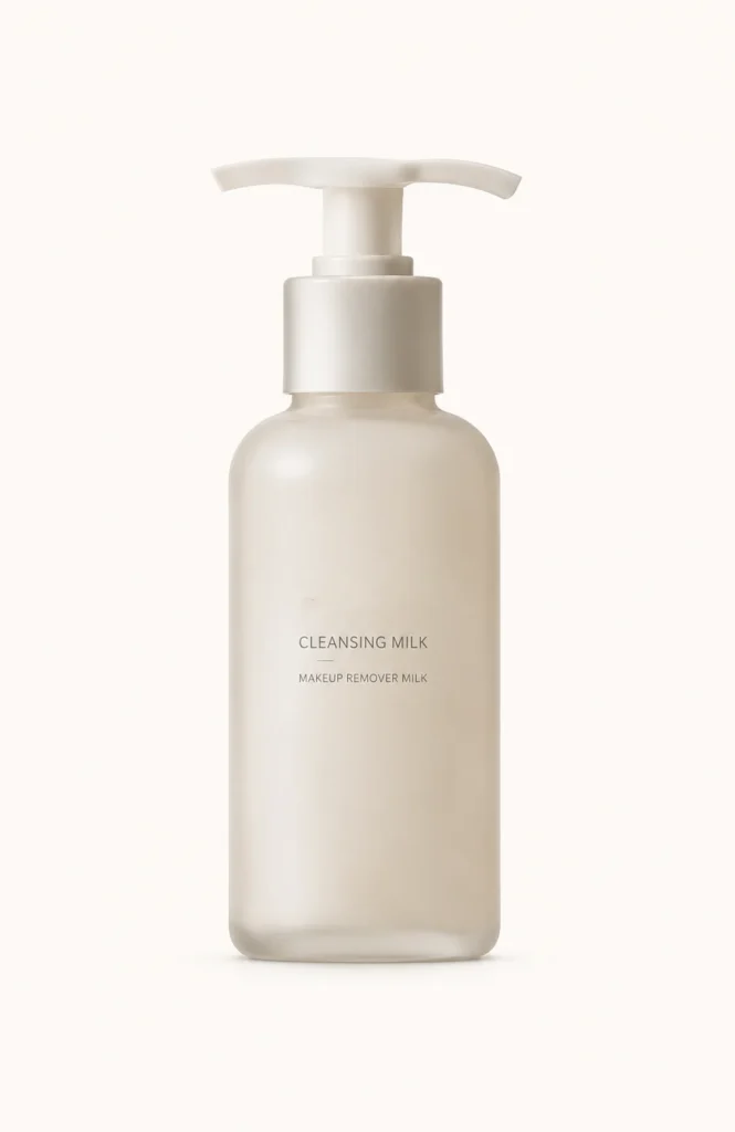 Minimalist translucent bottle of cleansing milk with a pump dispenser, labeled as makeup remover milk, on a light background.