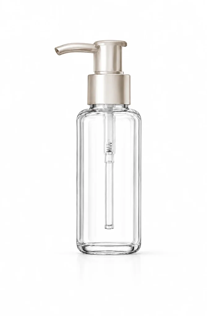 Transparent glass soap dispenser with a metallic pump top, isolated on a white background.