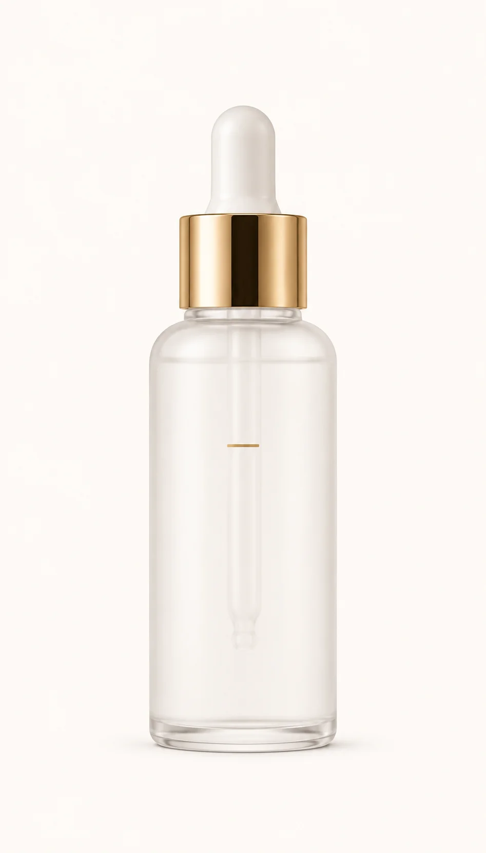 Transparent glass serum bottle featuring a gold cap and a white dropper on a plain cream background.