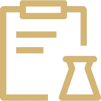 Simplified icon of a clipboard and laboratory flask representing research or testing.