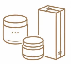 Minimalistic illustration of two cosmetic jars and a packaging box in simple brown lines on a white background.