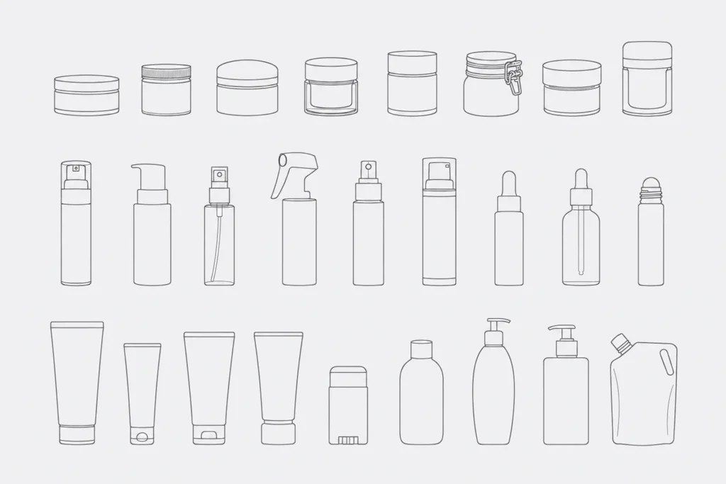 A collection of line drawings depicting various cosmetic and skincare containers, including jars, bottles, tubes, sprays, and dispensers.
