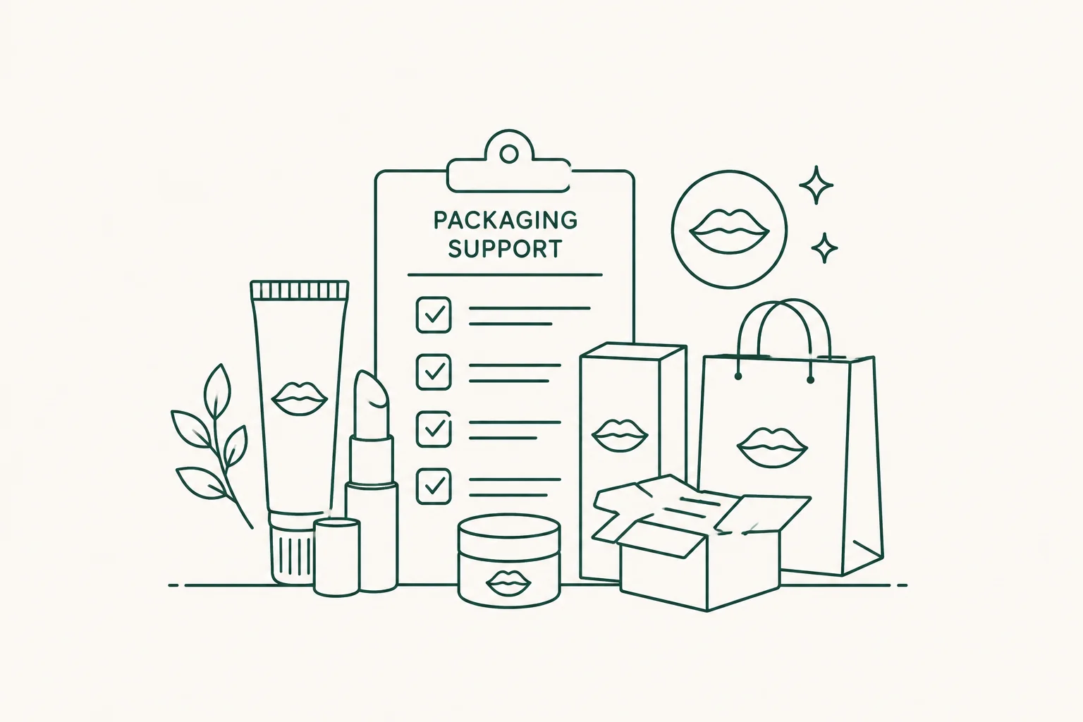 Line art illustration of cosmetic packaging including lipstick, tube, jar, and shopping bag with a clipboard labeled 'Packaging Support.'