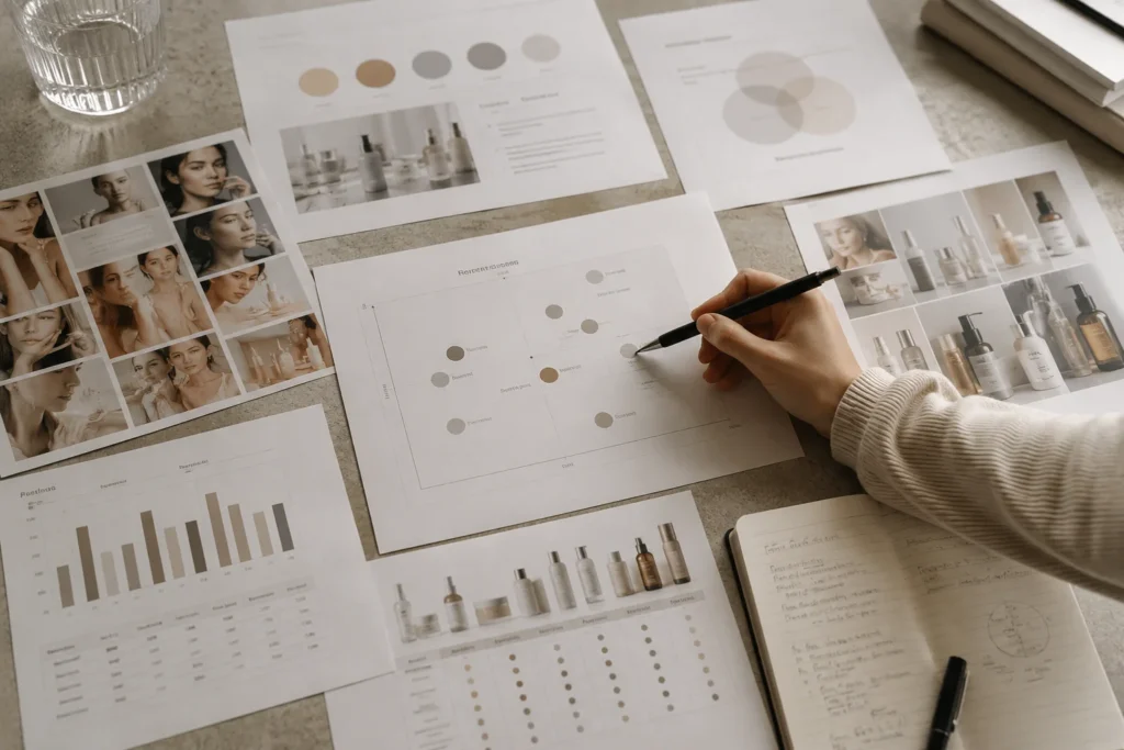 A desk with printed documents displaying cosmetic product images, charts, and color palettes. A hand holding a pen is pointing on a chart.