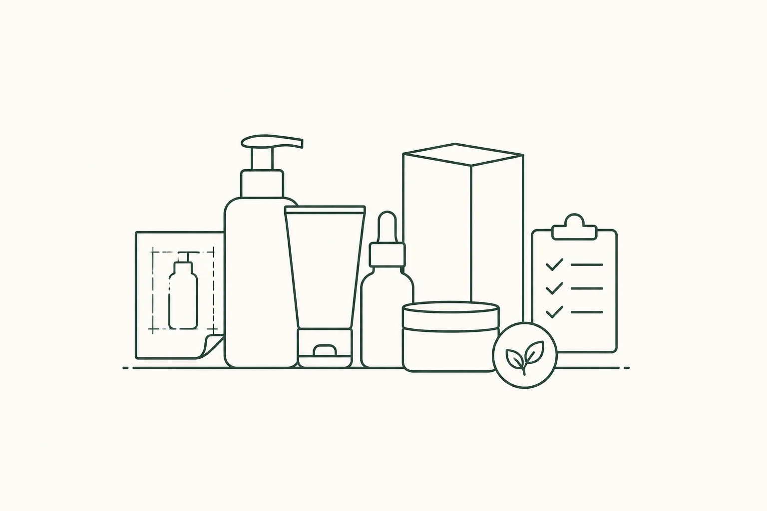 Minimalist illustration of cosmetic and skincare products with pump bottles, tubes, jars, and a checklist on a clipboard.