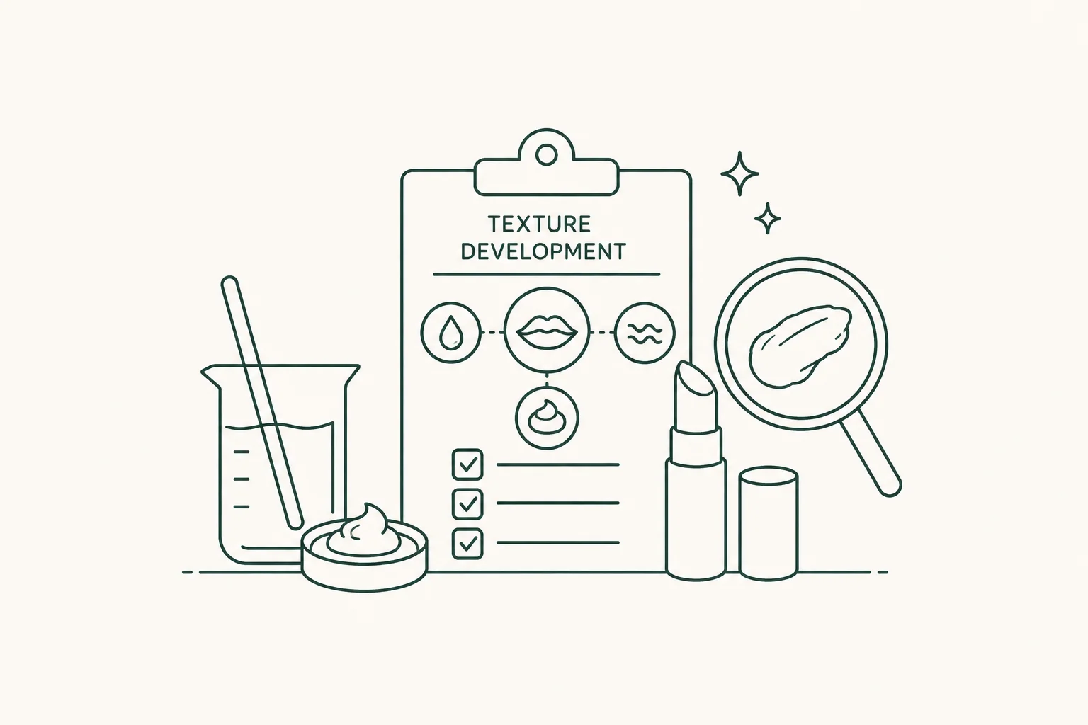 Illustration of cosmetic texture development featuring a beaker with a stirrer, a jar of cream, a clipboard with texture details, lipstick, and a magnifying glass examining texture.