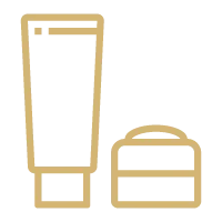 Minimalist outline of a cosmetic tube and container, depicted in gold on a transparent background.