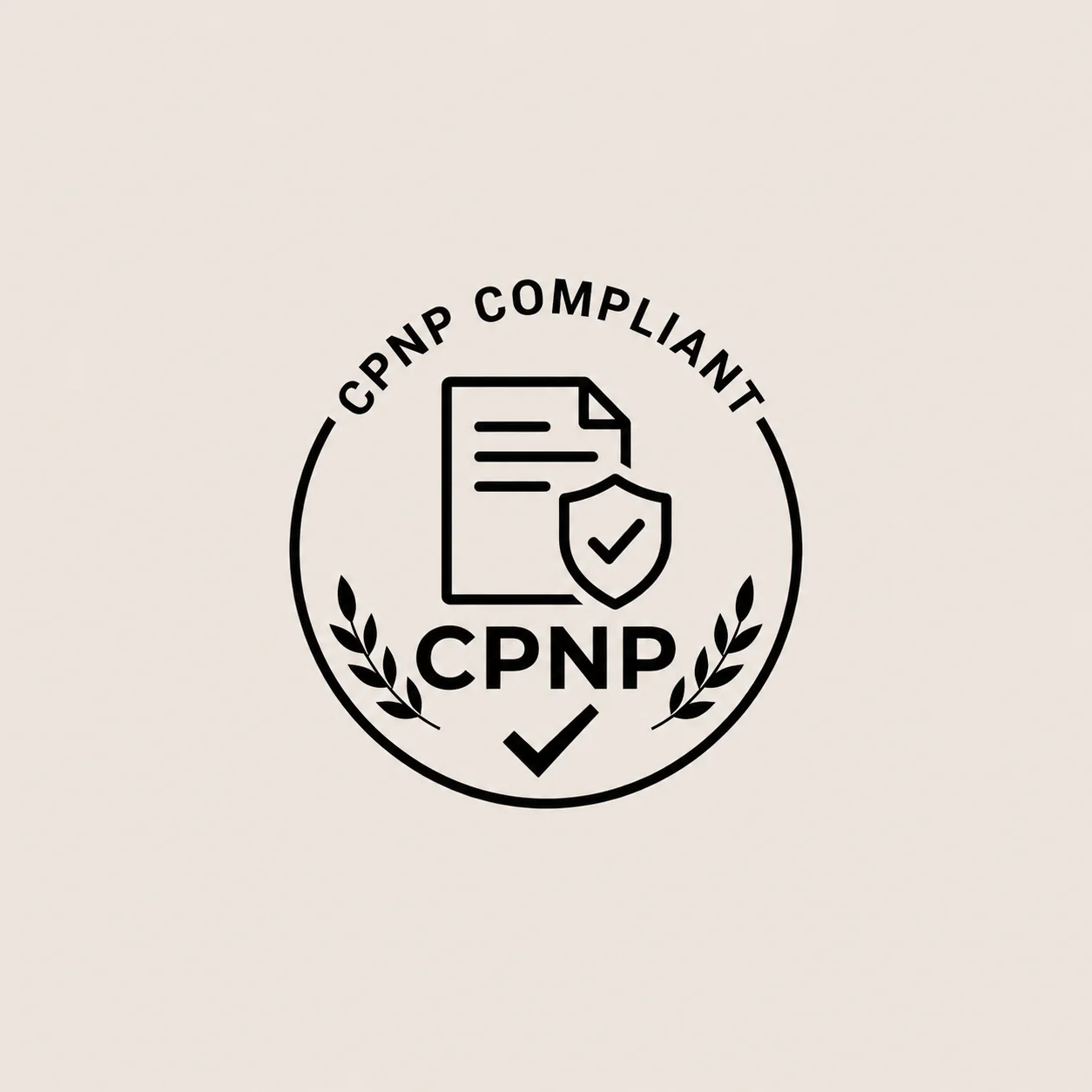 CPNP compliant badge featuring a document icon, shield with checkmark, and decorative laurel branches enclosed in a circle.