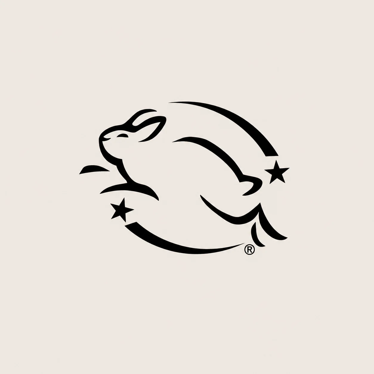 Minimalist black cruelty-free certification logo featuring a leaping rabbit within circular arrows and accompanied by two stars, on a beige background.