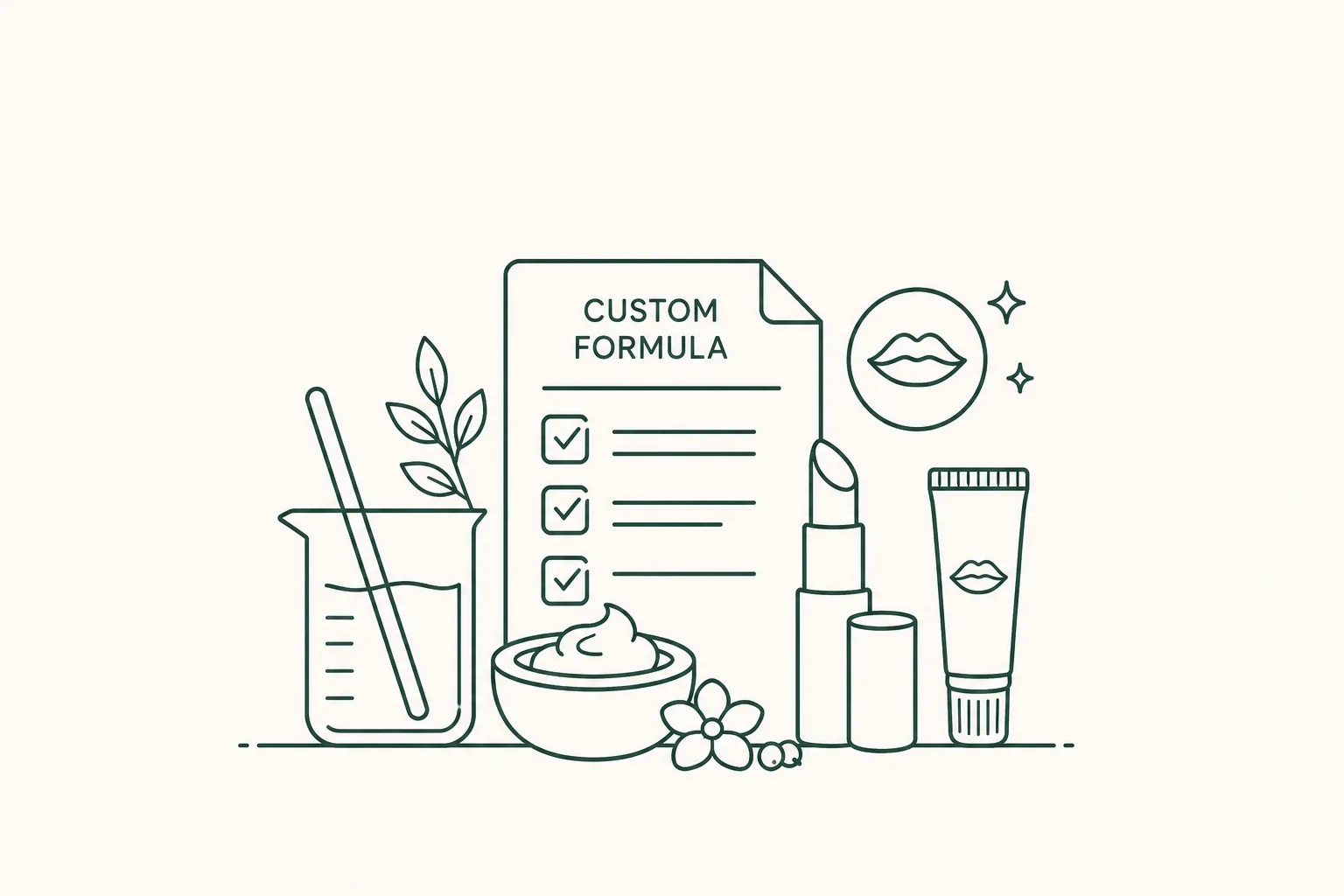 Illustration of a custom skincare formula with checklist, lab beaker, cream jar, lipstick, and cosmetic tube on a light background.