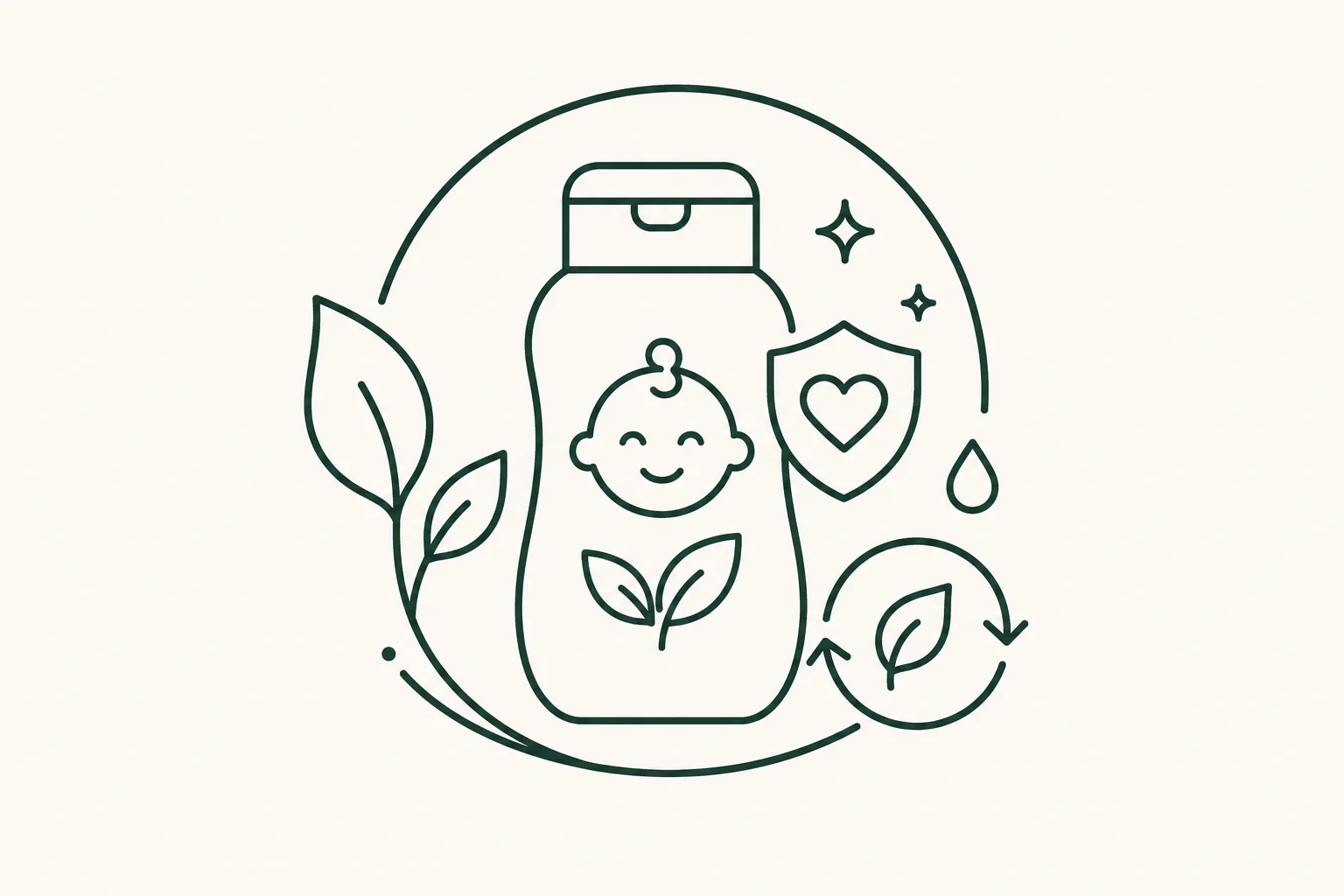 Line art depicting a baby-themed product bottle with plant designs, a smiling baby face, a heart on a shield, and eco-friendly symbols like leaves and water drops.