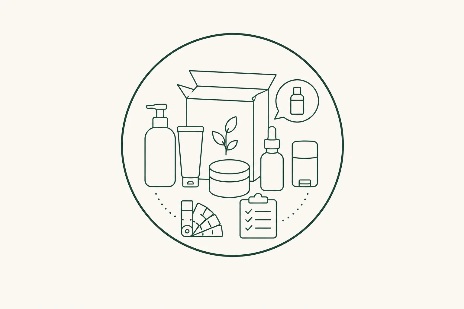 Minimalist illustration of cosmetic packaging and containers, including pump bottles, jars, droppers, and tubes with eco-friendly design elements like a plant and checklist.