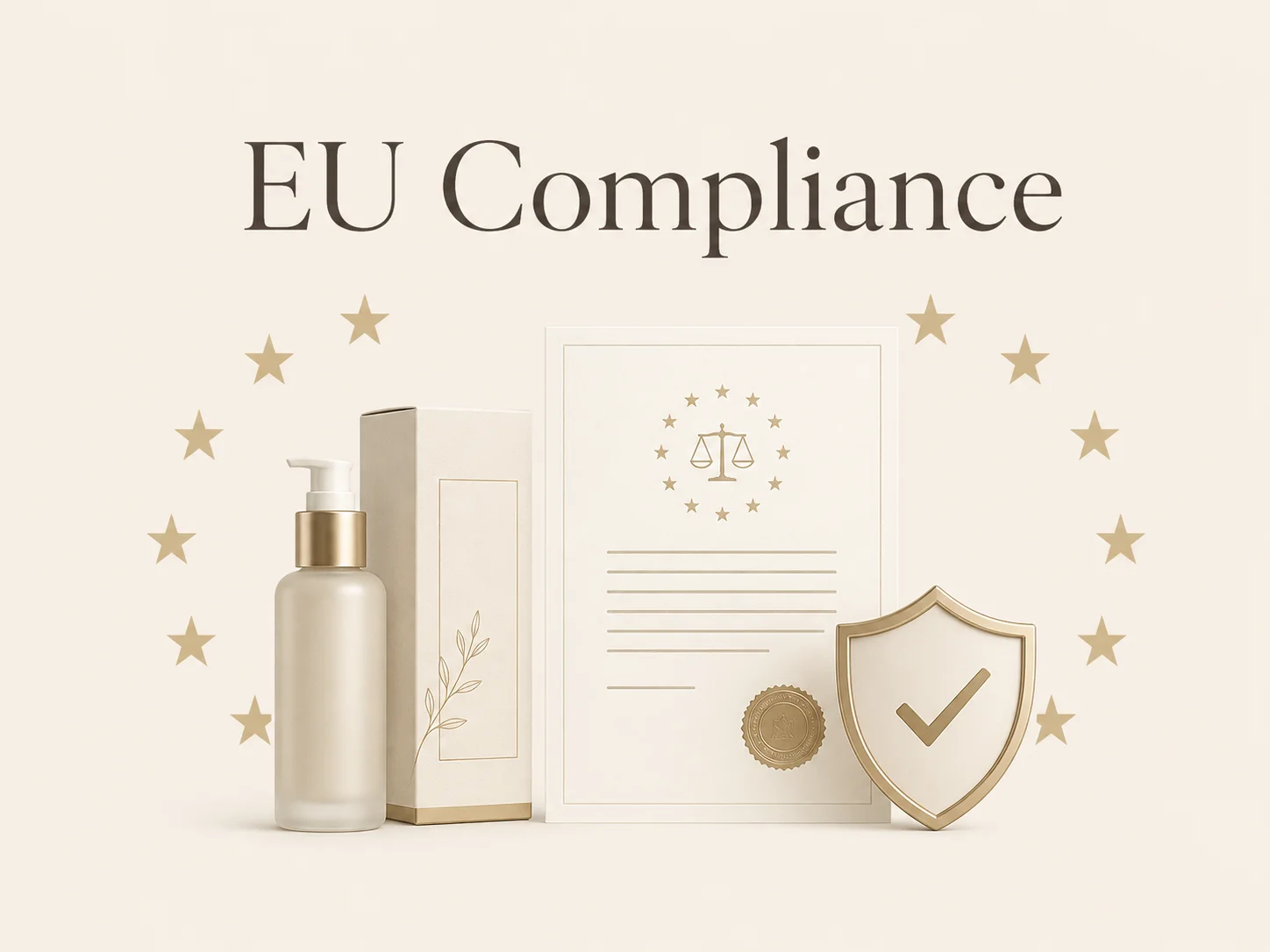 A cosmetic bottle with a box, shield with a checkmark, and certification document surrounded by EU stars, representing EU compliance.