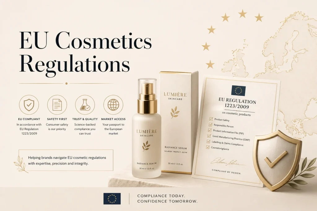 Informational banner displaying EU cosmetics regulations compliance details with a skincare product, certification list, and decorative map of Europe.