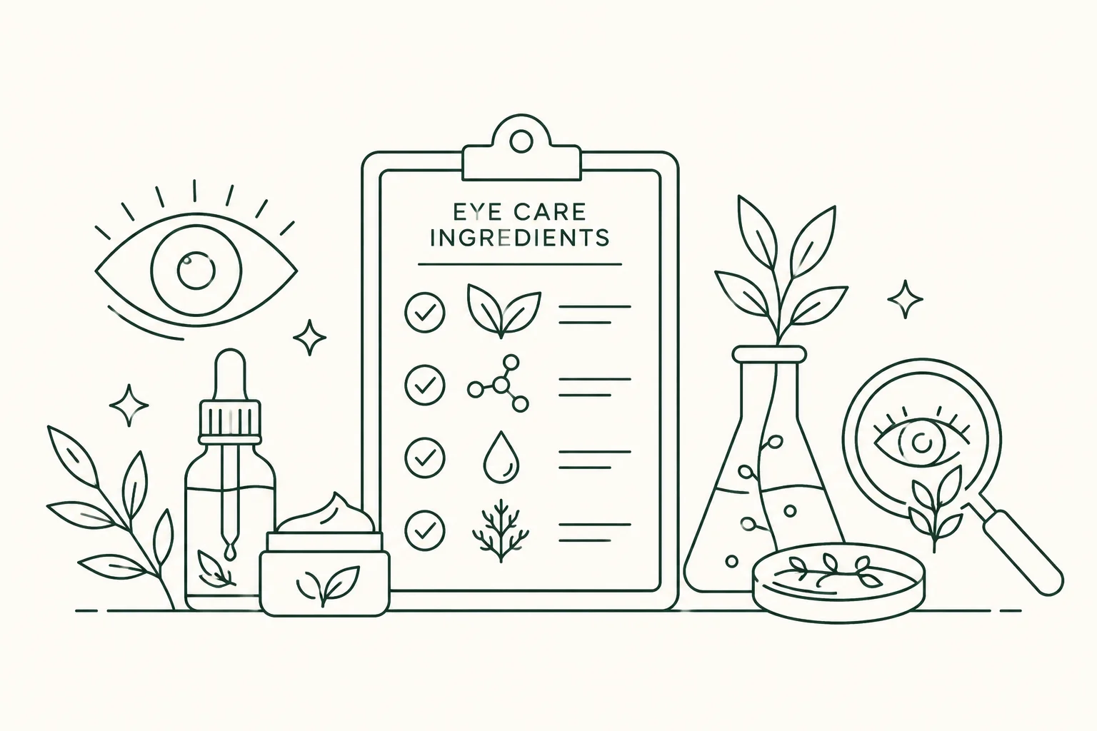 Line art illustration featuring a checklist labeled 'eye care ingredients,' skincare bottles, plants, a flask, a magnifying glass, and eye design elements.