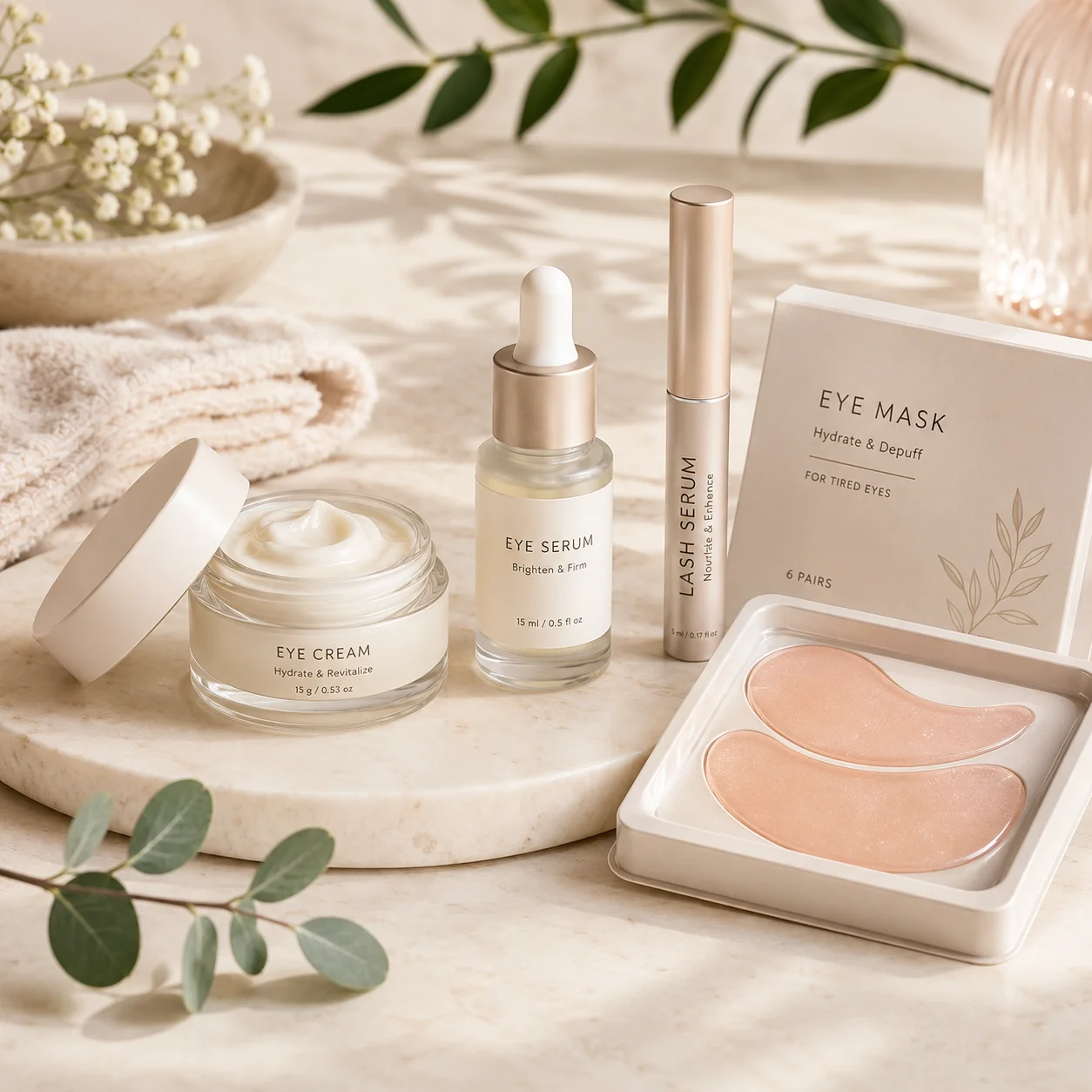 A curated collection of eye care products, including an eye cream, eye serum, lash serum, and eye masks displayed on a marble surface with natural decor accents.
