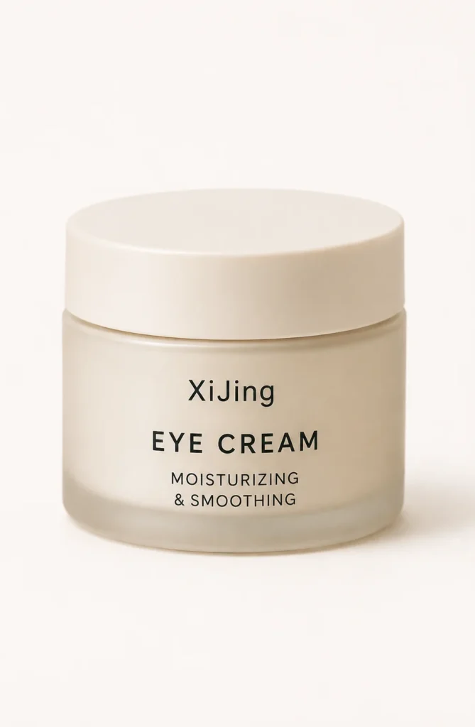 Minimalist jar of XiJing eye cream with moisturizing and smoothing properties on a neutral background.