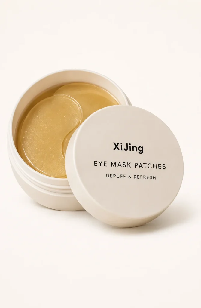 Open white container labeled 'XiJing Eye Mask Patches Depuff & Refresh,' showing gold-colored eye mask patches inside.