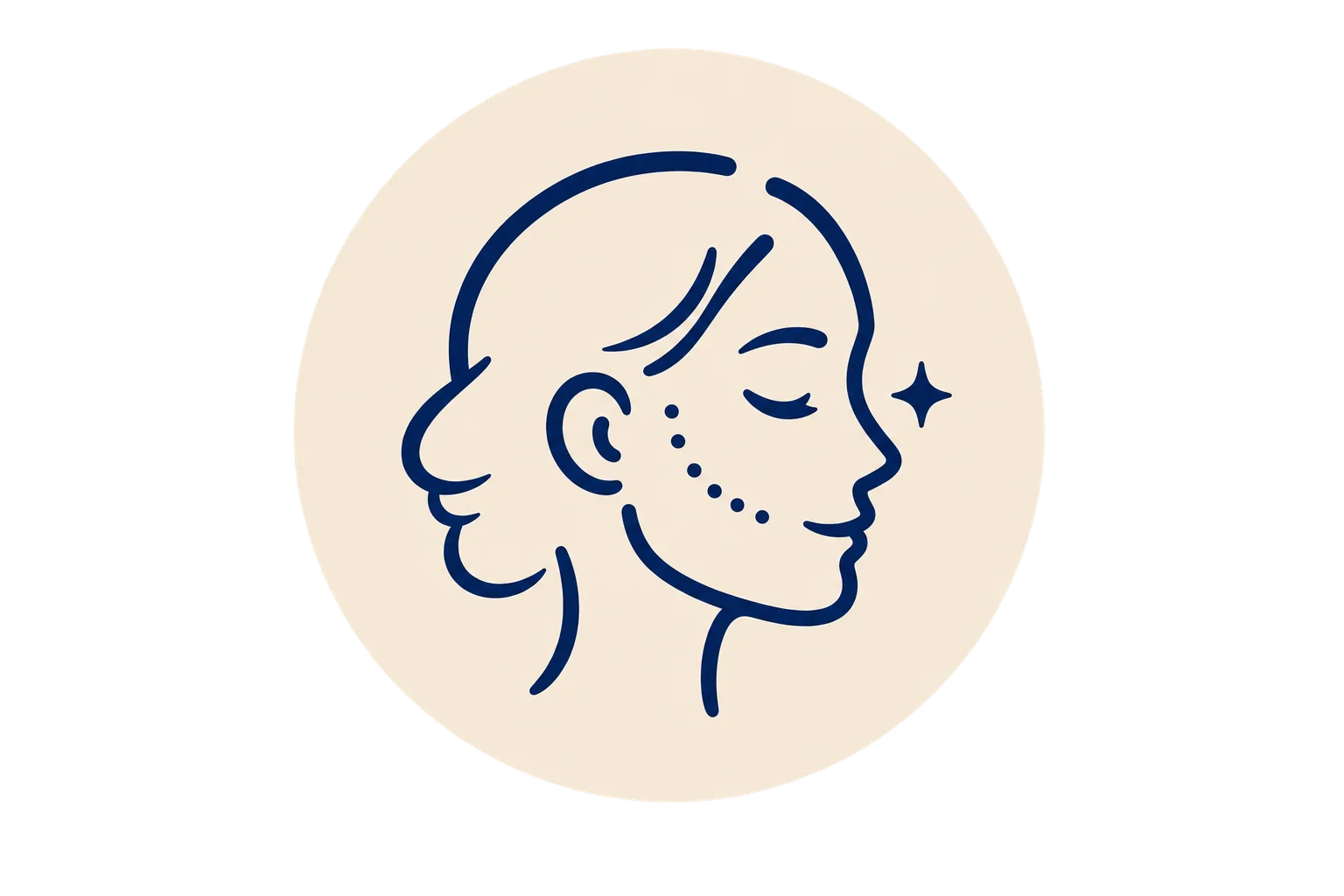 Minimalist line art of a woman's profile with dotted cheek markings, representing facial treatments or skincare, on a beige circular background.