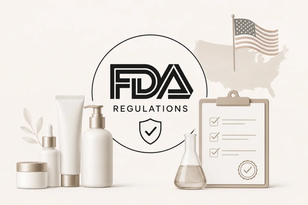 Skincare product bottles, a checklist on a clipboard, and a beaker are displayed with FDA regulations text and a USA map in the background.