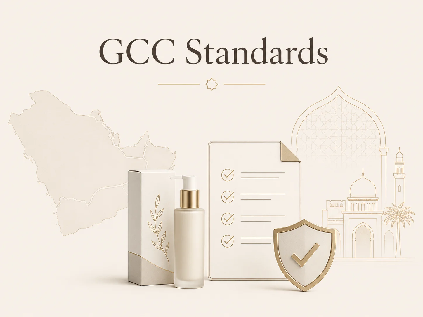 Compliance illustration featuring GCC text, a map, checklist, a cosmetic bottle, Arabic architecture, and a shield icon with a tick over a beige background.