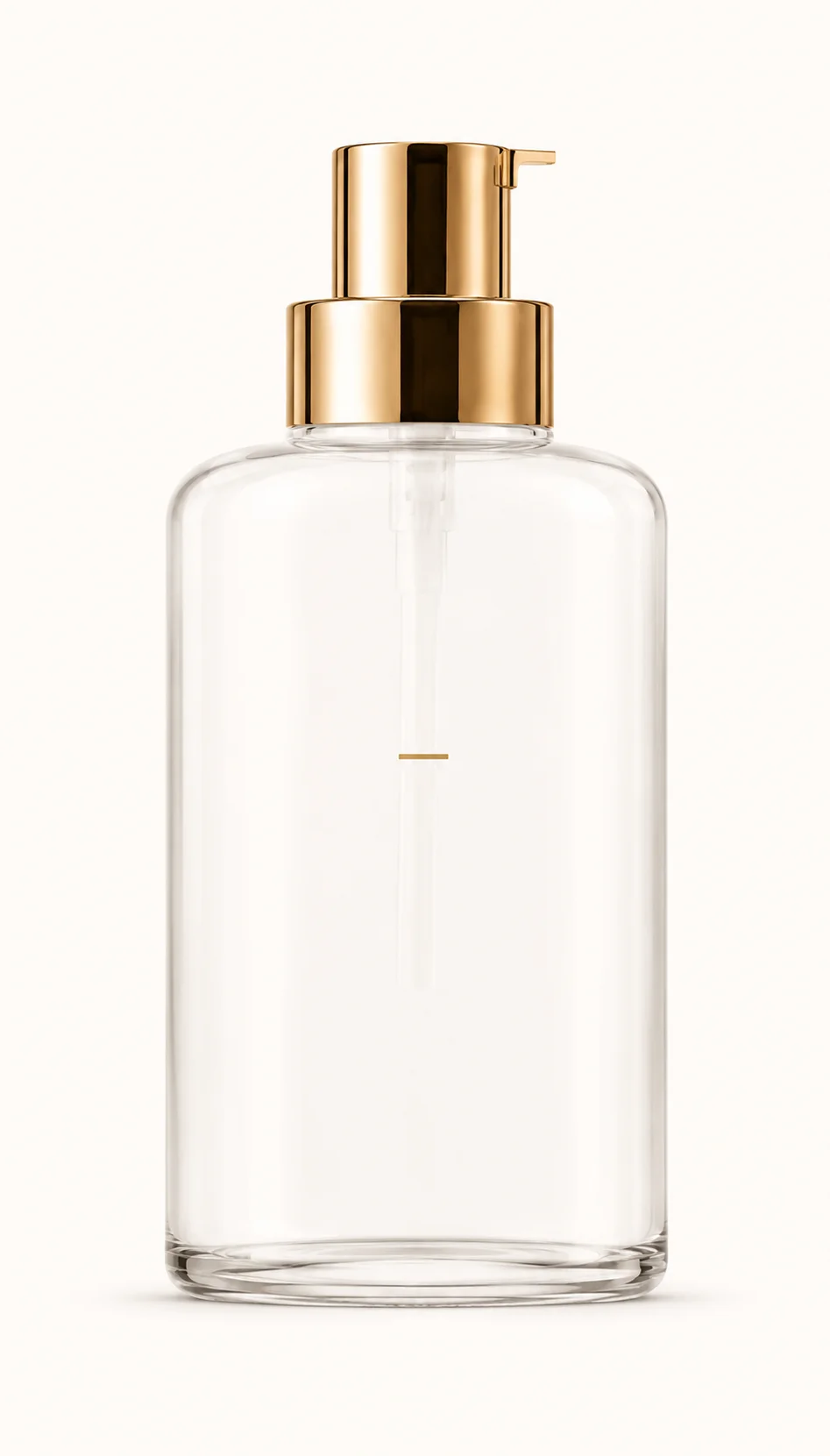 Transparent glass bottle with a shiny gold pump dispenser, designed for storing liquid products.