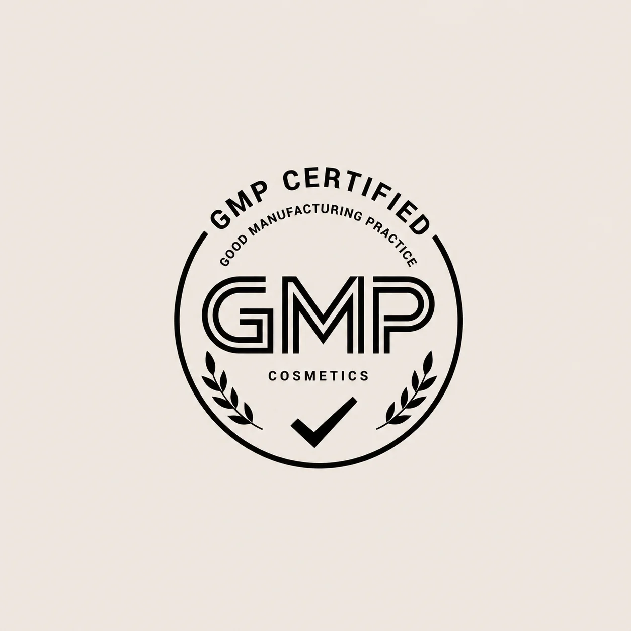 GMP certified logo for cosmetics with circular design, laurels, and checkmark on a light beige background.