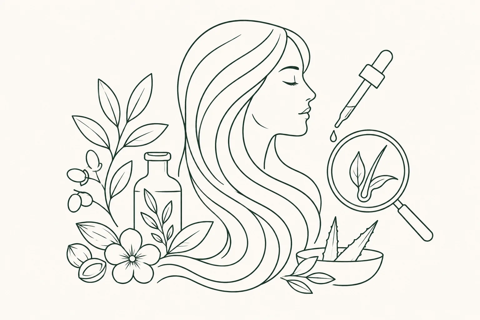 Line art of a woman's hair surrounded by natural ingredients like leaves, flowers, aloe vera, a dropper bottle, and plant-based elements.