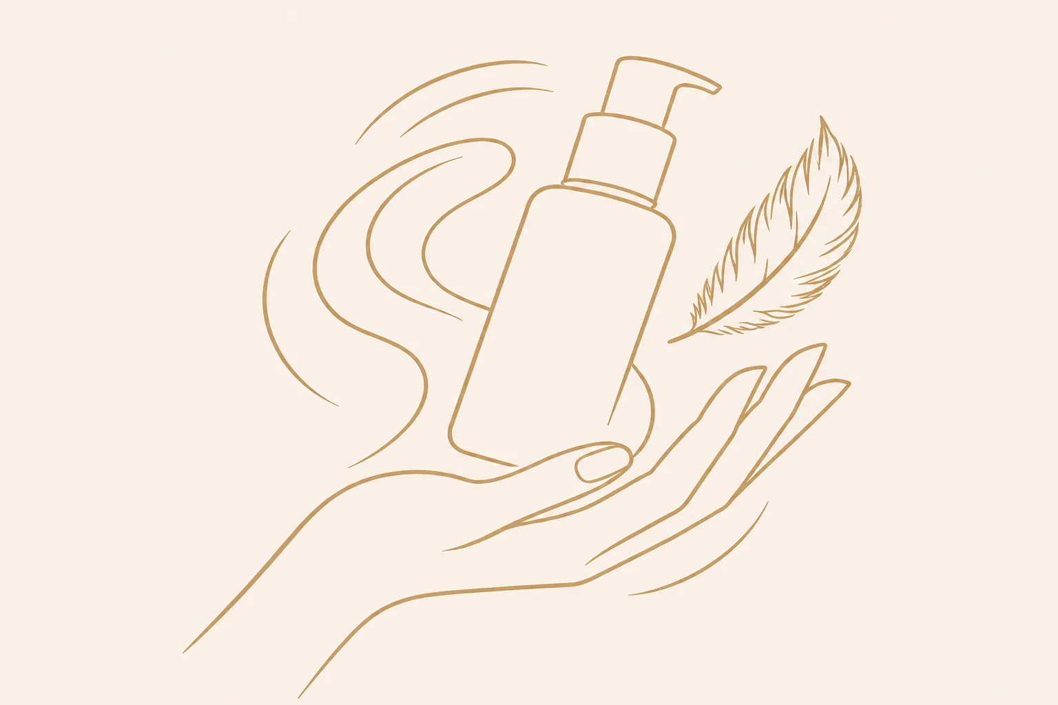 Line art of a hand holding a lotion bottle with a pump dispenser, accompanied by a floating feather, symbolizing softness and care.