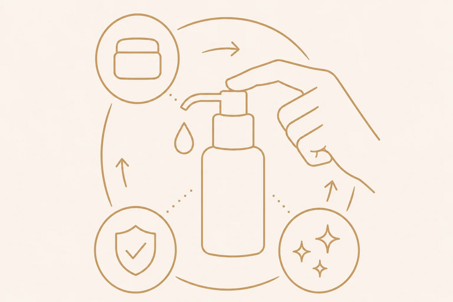 Minimalist outline illustration of a hand pressing a pump bottle, surrounded by icons of cream, shield, and sparkles, on a beige background.