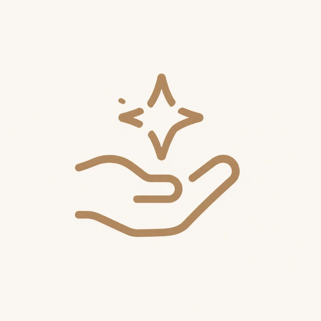 Minimalist line art of an open hand with a sparkling star symbol above, drawn in brown on a beige background.