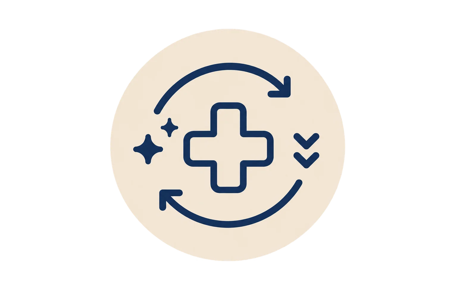 Circular design featuring a healthcare cross surrounded by recycling arrows, stars, and downward arrows on a beige background.