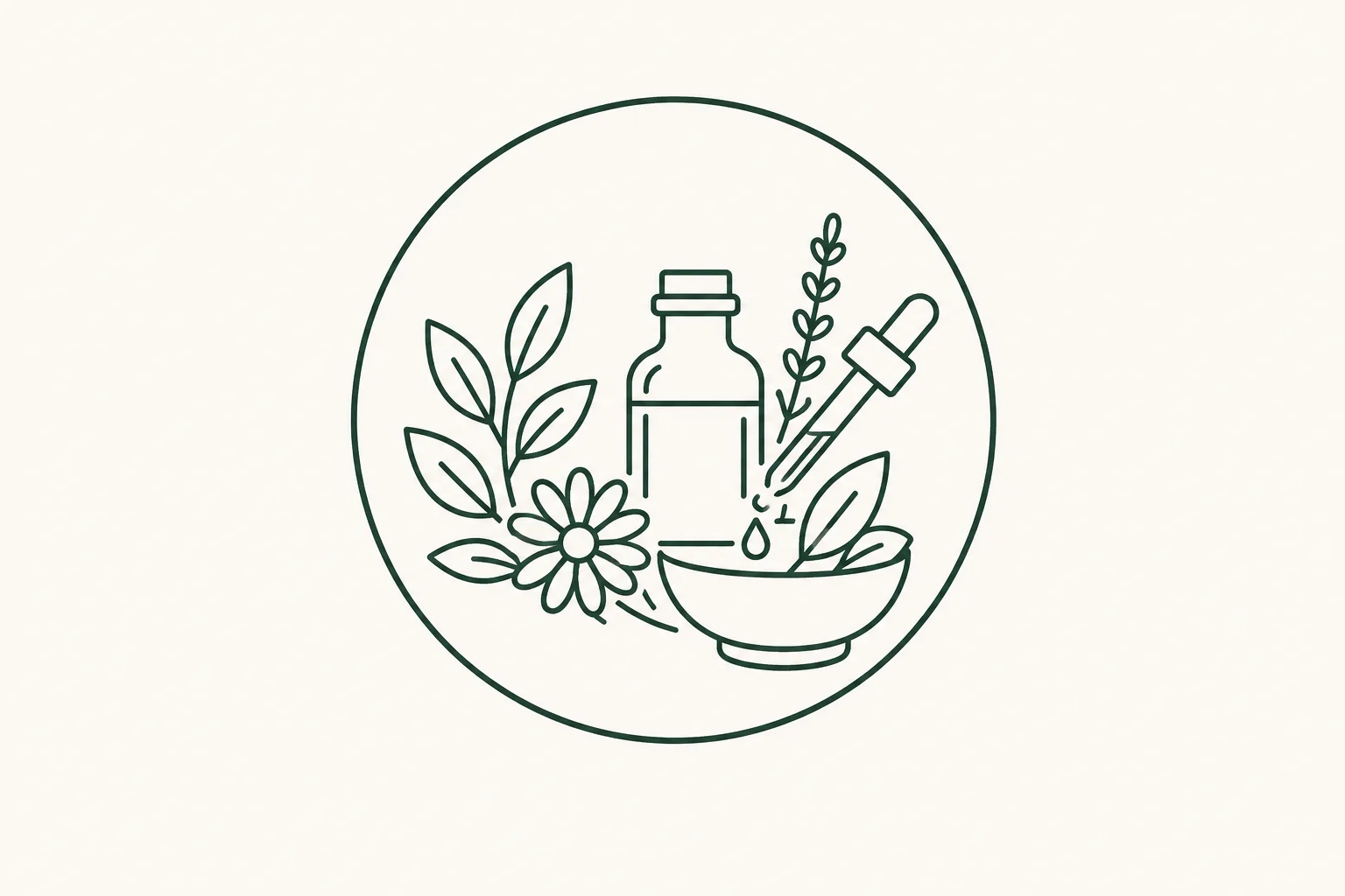 Minimalist line art featuring a bottle, dropper, bowl, leaves, and a flower, representing natural and herbal products.