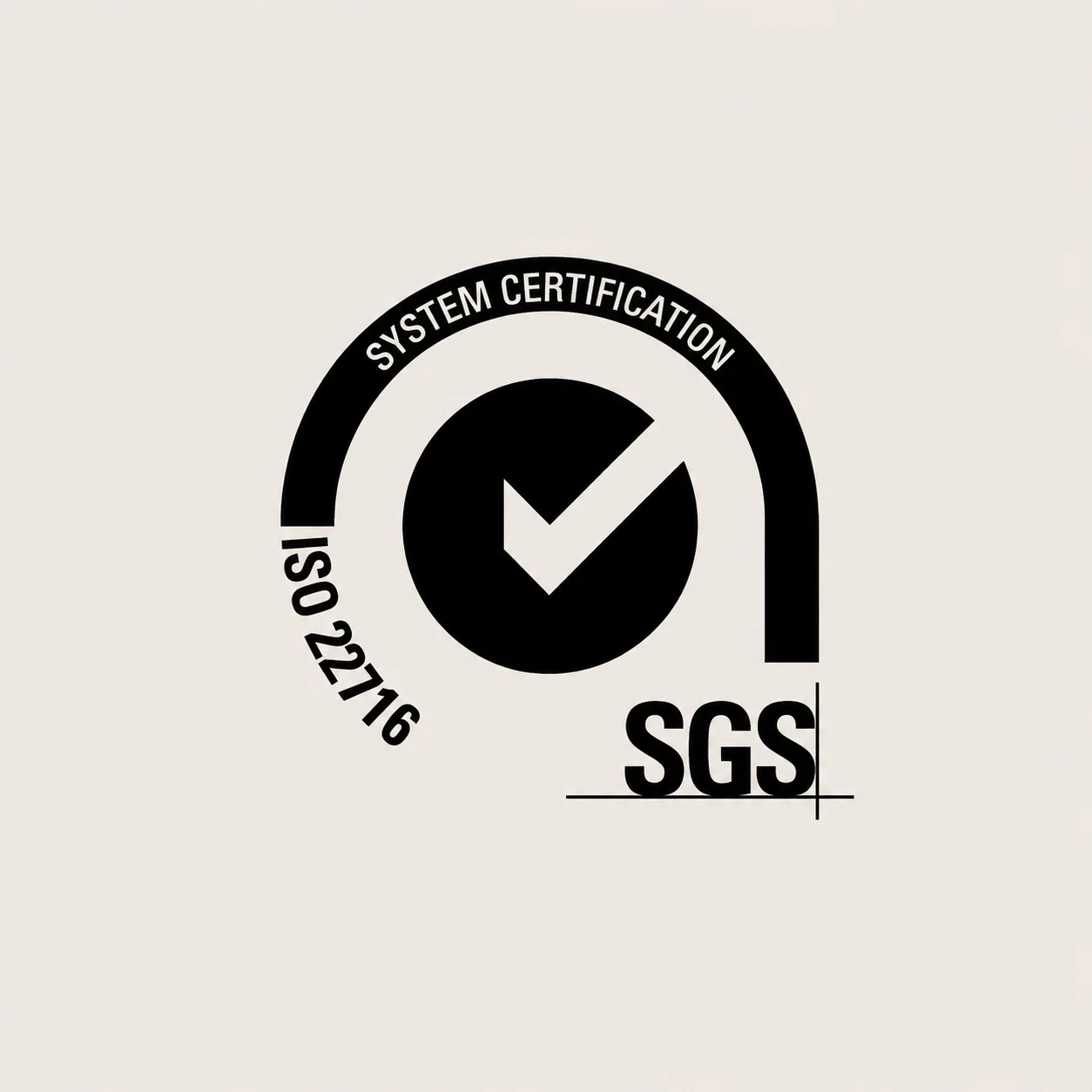 ISO 22716 certification logo with SGS branding and a checkmark in a circular design.