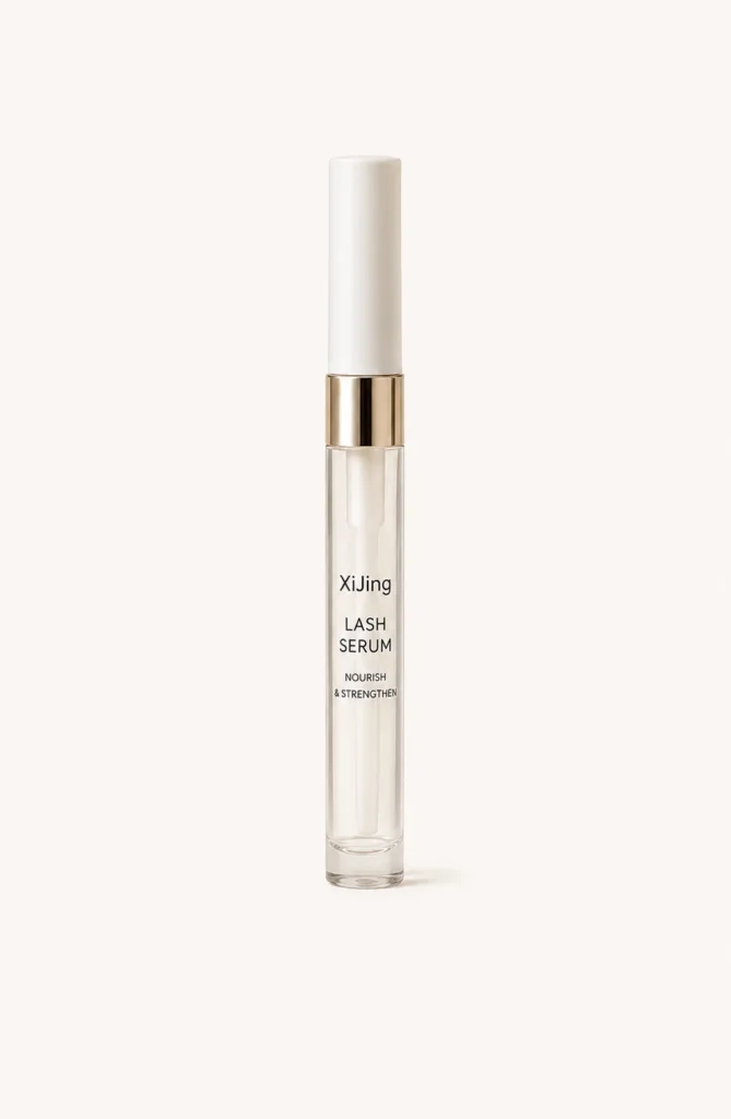 Clear bottle of lash serum with white cap and gold band, designed to nourish and strengthen lashes, set against a clean background.